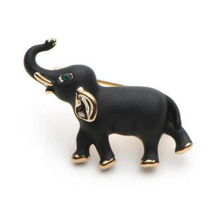 Little Elephant Brooch Ready for the March in Black and Gold Enamel